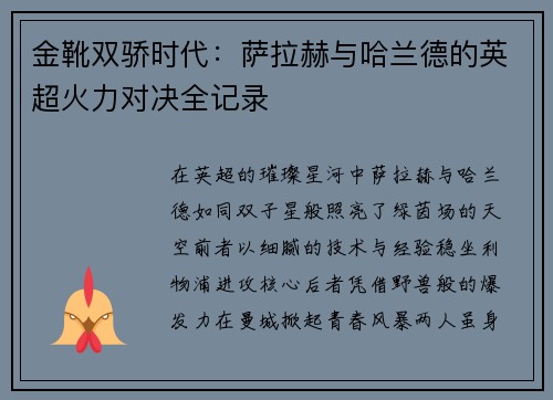 金靴双骄时代：萨拉赫与哈兰德的英超火力对决全记录