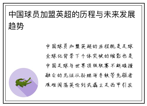 中国球员加盟英超的历程与未来发展趋势